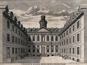 view Royal College of Physicians: the courtyard, with lettering identifying the various doors. Engraving by D. Loggan after himself, 1677.