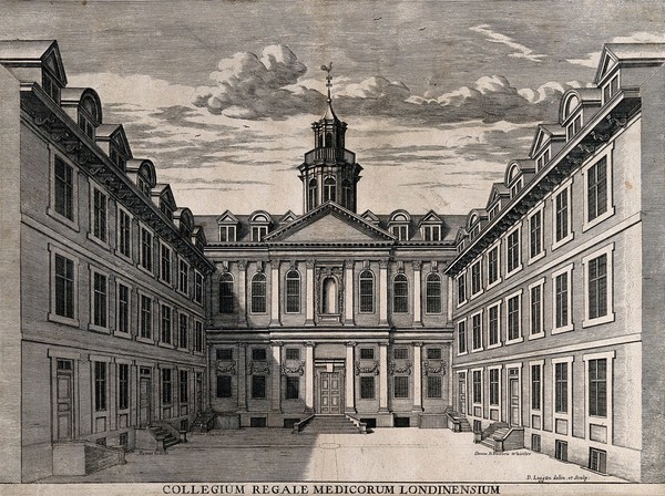 Royal College of Physicians: the courtyard, with lettering identifying the various doors. Engraving by D. Loggan after himself, 1677.