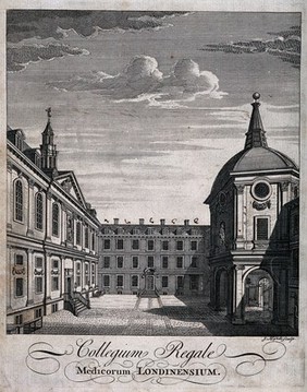 Royal College of Physicians: the courtyard, viewed from the south. Engraving by J. Mynde, 1746.