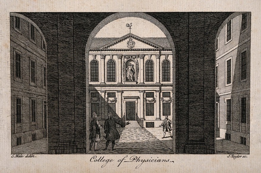 Royal College of Physicians: the courtyard, viewed through the pillars of the entrance, with gentlemen standing about. Engraving by J. Taylor after S. Wale, 1761.