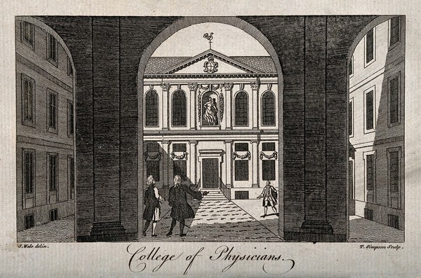 Royal College of Physicians: the courtyard, viewed through the pillars of the entrance, with gentlemen standing around. Engraving by T. Simpson, 1766, after S. Wale, 1761.