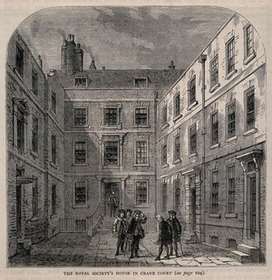 view Royal Society, Crane Court, off Fleet Street, London: the courtyard. Wood engraving after [W.H.], 1877.