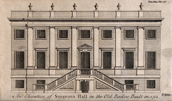 Surgeons' Hall, Old Bailey, London: the facade. Engraving, 1752.