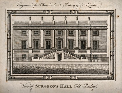 Surgeons' Hall, Old Bailey, London, the facade. Engraving, 1752.