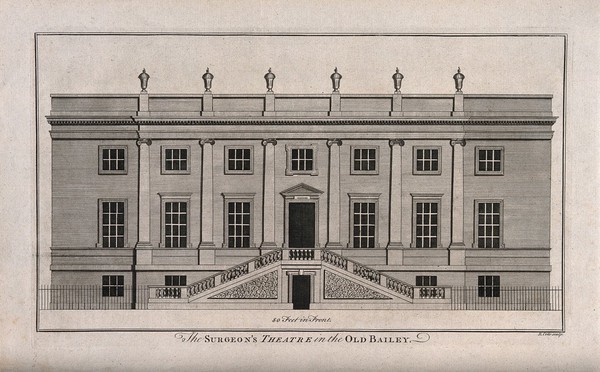 Surgeons' Hall, Old Bailey, London, the facade. Engraving by B. Cole, 1756.