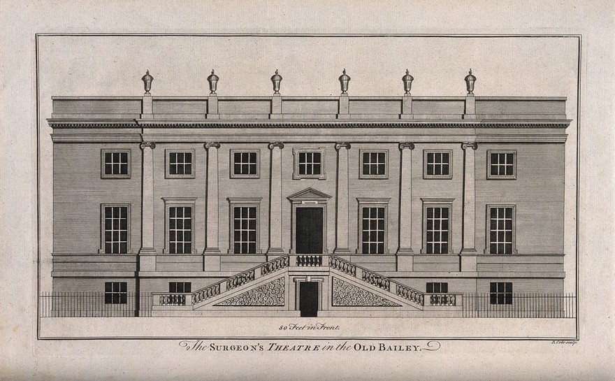 Surgeons' Hall, Old Bailey, London, the facade. Engraving by B. Cole, 1756.