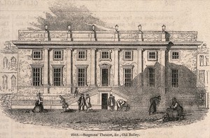 view Surgeons' Hall, Old Bailey, London, the facade, with various people in the street. Wood engraving.