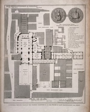 view St Bartholomew's Priory, London: the ground plan, with a key, scale, and depiction of the conventual seals. Engraving by T. Bourne, 1821.