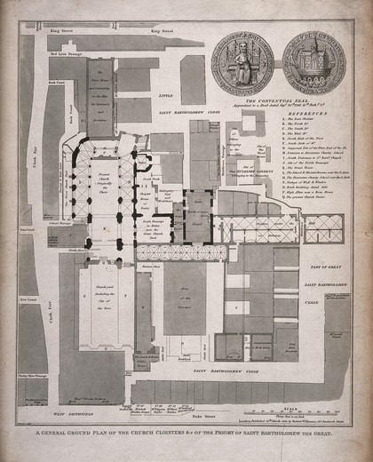 St Bartholomew's Priory, London: the ground plan, with a key, scale, and depiction of the conventual seals. Engraving by T. Bourne, 1821.