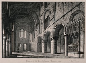 view St Bartholomew's Priory Church, London: the interior, looking west, with the tomb of Rahere on the right. Etching by J. Coney, 1818.