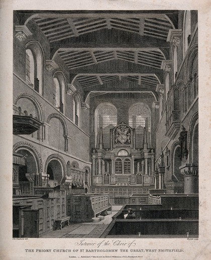 St Bartholomew's Priory, London: the interior looking towards the altar with the artist seated in a pew, drawing. Engraving by B. Howlett, 1822, after T. H. Shepherd, 1821.