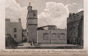 view St Bartholomew the Less, London: the exterior, with a lady and child standing by the railings. Engraving, 1822.