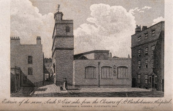 St Bartholomew the Less, London: the exterior, with a lady and child standing by the railings. Engraving, 1822.