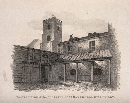 St Bartholomew's Priory, London: the exterior. Etching by J. Storer, 1804.