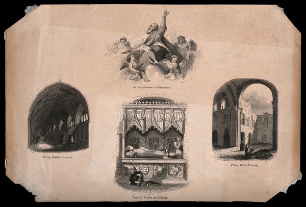 St Bartholomew the Great, Smithfield, London: four views. Wood engravings by T. Gilks and J. S. Heaviside after W.A. Delamotte, 1847.