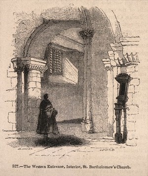 view St Bartholomew the Great, London: the western entrance, with a woman walking through. Wood engraving by J. Jackson after J. W. Archer.