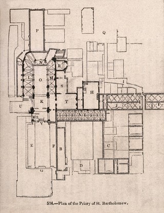 St Bartholomew the Great, London: a conjectural ground plan of the priory around the church. Wood engraving.