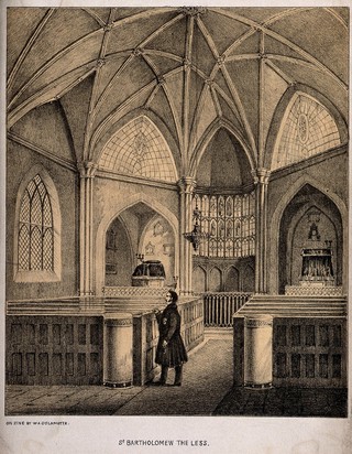 St Bartholomew the Less, Smithfield, London, the interior with a churchwarden standing in the aisle. Zincograph by W. A. Delamotte, 1844.