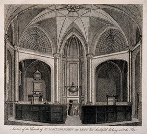 view St Bartholomew the Less, Smithfield, London: the interior with a lady and her daughter near the altar, a man half-hidden behind the pews to the left. Engraving.