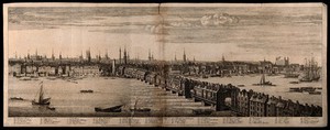 view Panorama of the river Thames and the buildings of the City, looking northwards beside London Bridge. Engraving by S. and N. Buck, 1749.