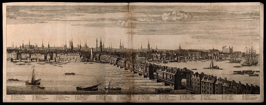 Panorama of the river Thames and the buildings of the City, looking northwards beside London Bridge. Engraving by S. and N. Buck, 1749.