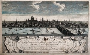 view London: the river Thames and the buildings of the City, looking northwards beside London Bridge. Coloured engraving, 1730, after J. Kip.