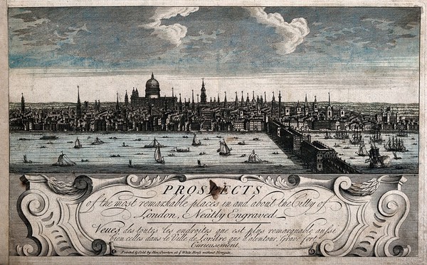 London: the river Thames and the buildings of the City, looking northwards beside London Bridge. Coloured engraving, 1730, after J. Kip.