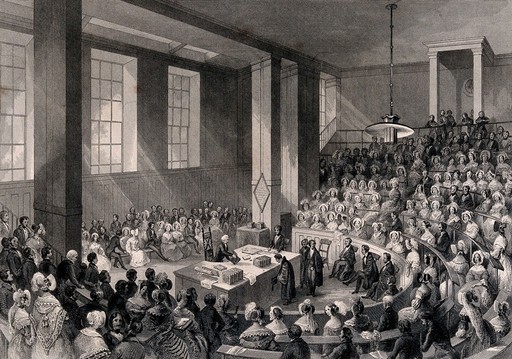 King's College, London: the interior of the theatre on prizegiving day. Engraving by H. Melville after T. H. Shepherd.