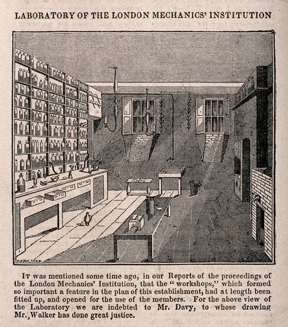 London Mechanics' Institute, Southampton Buildings, Holborn: the interior of the laboratory, in a cellar. Wood engraving by W. C. Walker after Mr. Davy [1828].