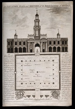 The Royal Exchange, London: elevation of the entrance facade, top, and ground plan of the courtyard, below, with indications of types of trade in the courtyard, heraldic emblems of the City of London and the Mercers' Company below, with a scale of feet. Engraving by A. Walker, 1808, after I. Donowell.