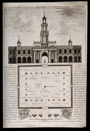 view The Royal Exchange, London: elevation of the entrance facade, top, and ground plan of the courtyard, below, with indications of types of trade in the courtyard, heraldic emblems of the City of London and the Mercers' Company below, with a scale of feet. Engraving by A. Walker, 1808, after I. Donowell.