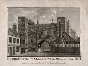 view St John's Gate, Clerkenwell, London: the north side. Engraving by J. Peltro.