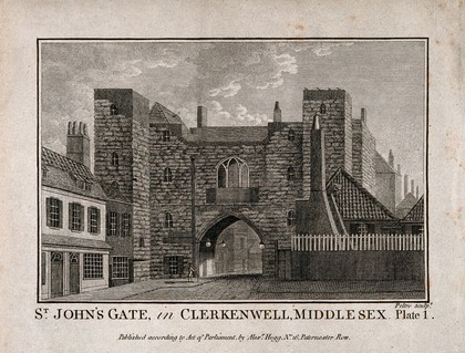 St John's Gate, Clerkenwell, London: the north side. Engraving by J. Peltro.