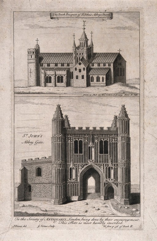 St John's Abbey Church, above, and St John's Gate, below, Clerkenwell, London. Engraving by G. Vertue after J. Deane after a manuscript.