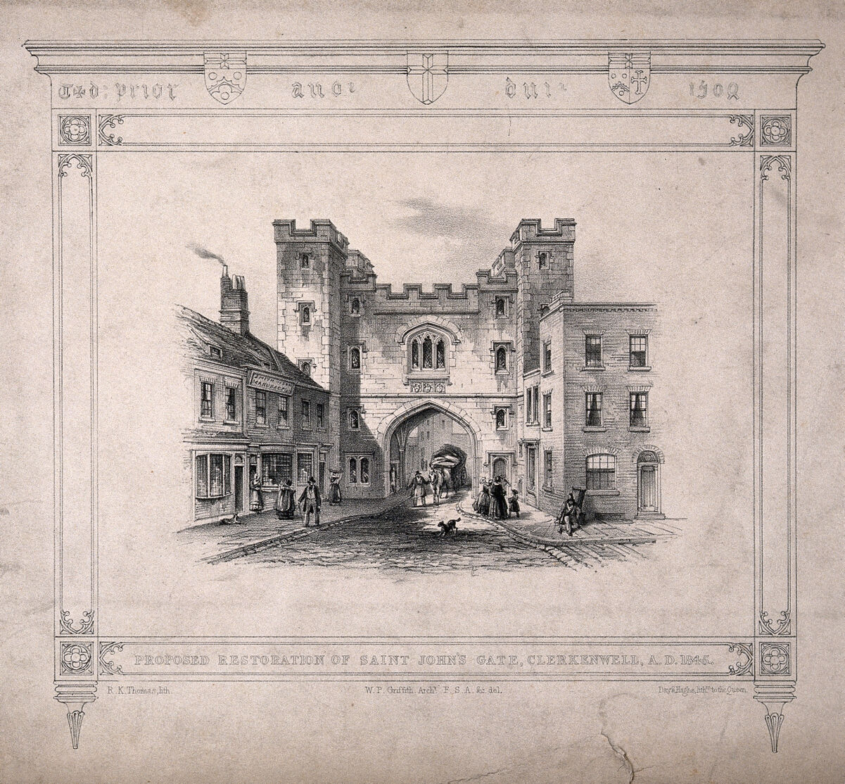 St John's Gate, Clerkenwell, London: the north side. Lithograph by R. K. Thomas after W. P. Griffith, 1845., 1845, by William Pettit Griffith