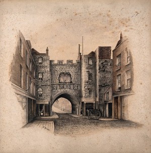 view St John's Gate, Clerkenwell, London: the north side. Watercolour by R. Rushen.