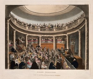 view Surrey Institution, Blackfriars Road, Southwark, London: the interior of the rotunda, F. Accum lecturing. Coloured aquatint by J. C. Stadler, 1809, after T. Rowlandson and A. C. Pugin.