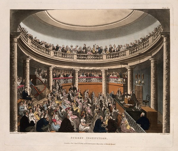 Surrey Institution, Blackfriars Road, Southwark, London: the interior of the rotunda, F. Accum lecturing. Coloured aquatint by J. C. Stadler, 1809, after T. Rowlandson and A. C. Pugin.