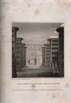 view Dr Williams' Library: interior of the library. Engraving by J. and H.S. Storer, 1826.