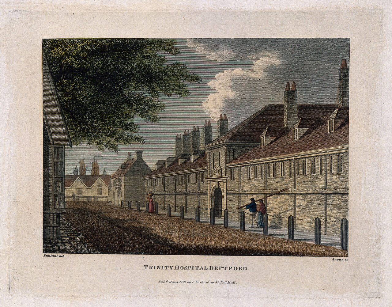 The Trinity Hospital, Greenwich, with the sails of a ship in the distance. Coloured engraving by Angus after Tomkins, 1801., 1 January 1801, by Thomas Tomkins