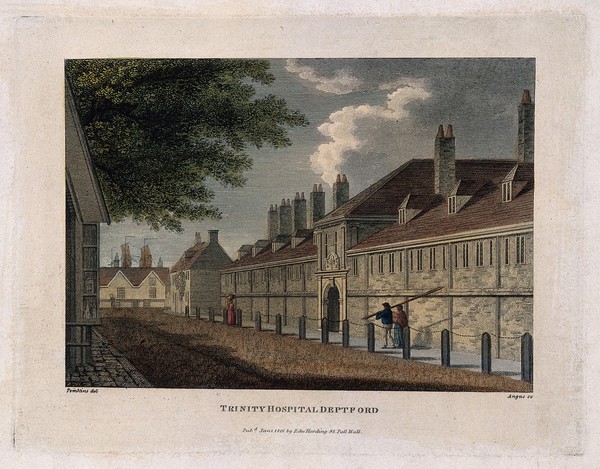 The Trinity Hospital, Greenwich, with the sails of a ship in the distance. Coloured engraving by Angus after Tomkins, 1801.