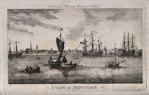 view The Thames at Deptford, with several ships at anchor, men in a rowing-boat in the foreground left. Engraving by J. Royce after J. Oliphant, 1775.