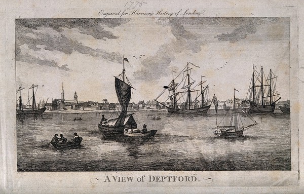 The Thames at Deptford, with several ships at anchor, men in a rowing-boat in the foreground left. Engraving by J. Royce after J. Oliphant, 1775.