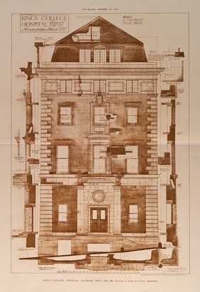 King's College Hospital, Denmark Hill, London: elevation of the administration block, with many details and a scale of feet. Process print after W. A. Pite, 1912.