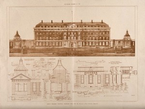 view King's College Hospital, Denmark Hill, London: the entrance facade of the administrative block, towards Bessemer Road, above, and details, below. Process print after W. A. Pite, 1912.