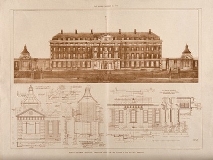 King's College Hospital, Denmark Hill, London: the entrance facade of the administrative block, towards Bessemer Road, above, and details, below. Process print after W. A. Pite, 1912.