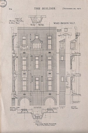 view King's College Hospital, Denmark Hill, London: detail drawings of one bay of a ward pavilion. Process print after W. A. Pite, 1912.