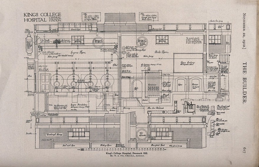 King's College Hospital, Denmark Hill, London: view of the boiler room. Process print after W. A. Pite, 1912.