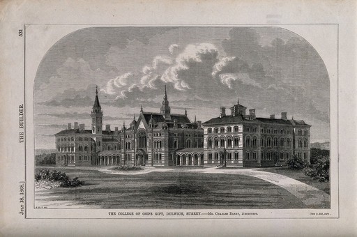 Dulwich College: the buildings of the new school. Wood engraving by W. E. Hodgkin after B. Sly, 1868.