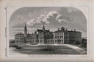 view Dulwich College: the buildings of the new school. Wood engraving by W. E. Hodgkin after B. Sly, 1868.